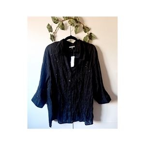 Essentials Plus Size 26/28W Black 3/4 Sleeve Cotton Blouse with Sequins NWT